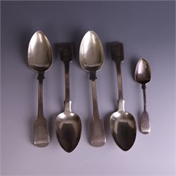 Set of four George III silver Fiddle pattern table spoons all engraved with monogram, hallmarked Thomas Wallis (II) & Jonathan Hayne, London 1819, together with a  Victorian silver Fiddle pattern teaspoon with engraved initials, hallmarked William Rawlings Sobey, Exeter 1846