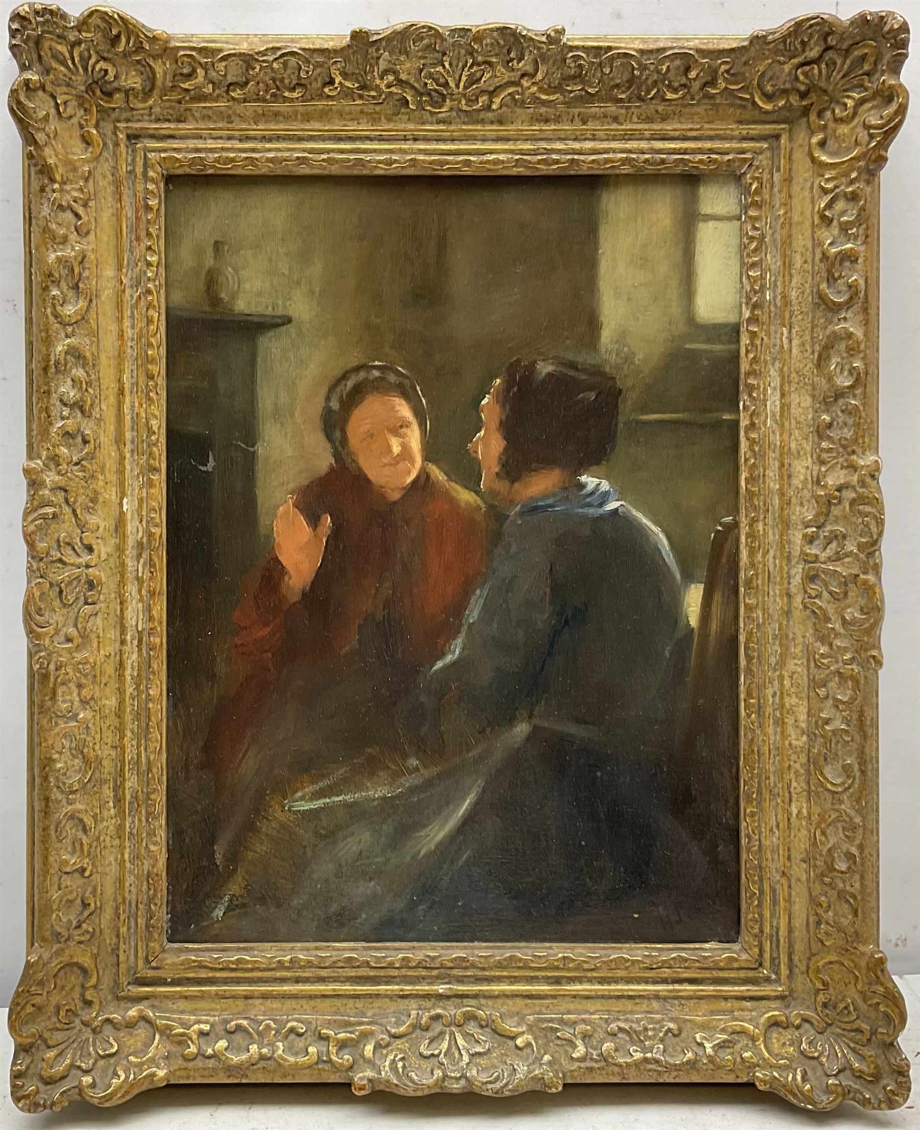 Henry John Dobson (Scottish 1858-1928): Two Elderly Ladies in Conversation, oil on canvas signed with initials 29cm x 22cm