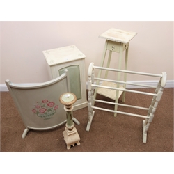  Painted bedside cabinet, single door, plinth base (W39cm, H71cm, D33cm) a jardiniere stand (H93cm) a fire guard, a towel rail and candle stick (5)  