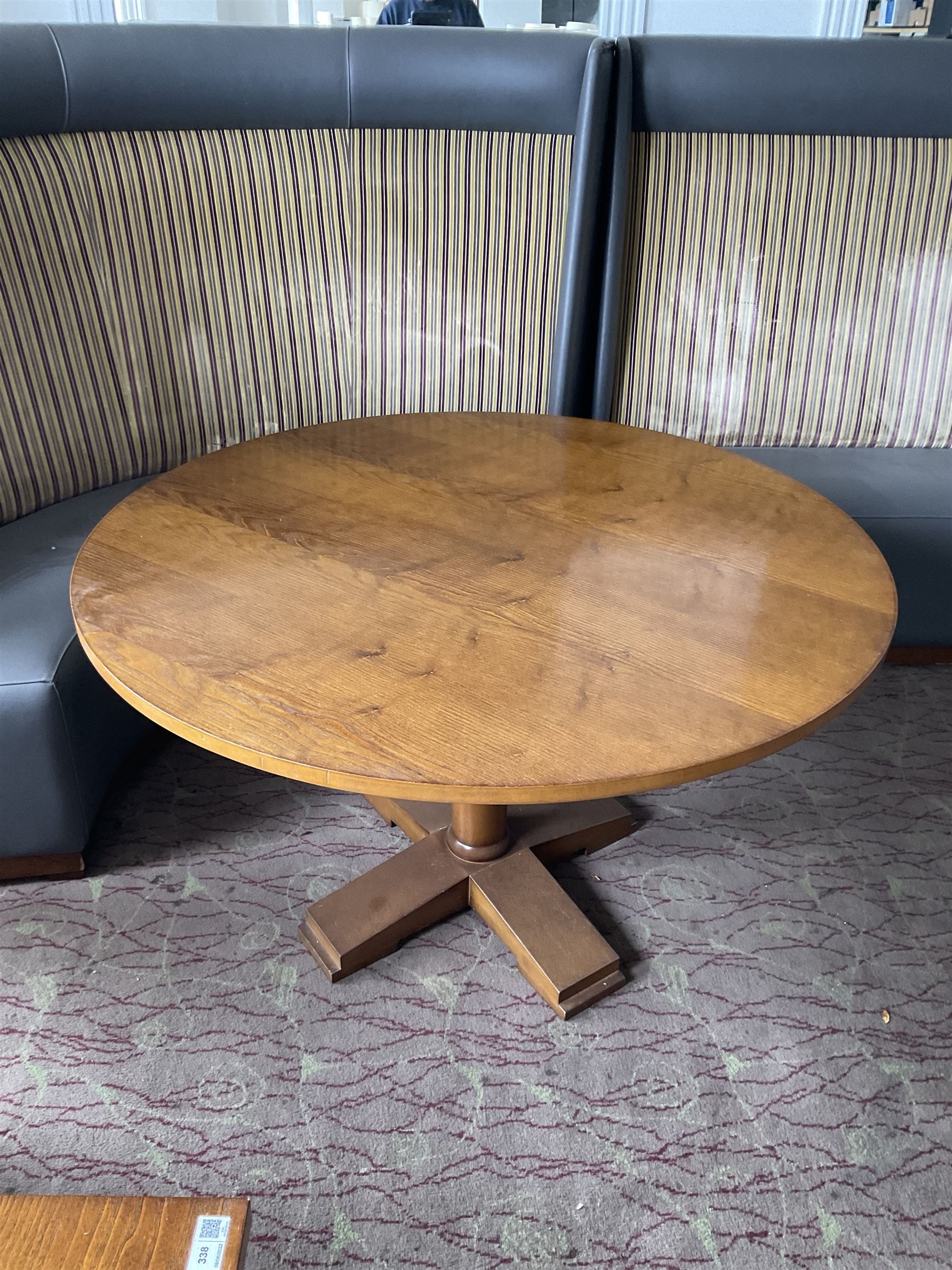 Set of three round (D125cm x H75cm), and one small round (D55cm x H49cm), walnut finish dining tables (4)- LOT SUBJECT TO VAT ON THE HAMMER PRICE - To be collected by appointment from The Ambassador Hotel, 36-38 Esplanade, Scarborough YO11 2AY. ALL GOODS MUST BE REMOVED BY WEDNESDAY 15TH JUNE.