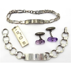 Two silver bracelets and an ingot hallmarked approx 2.5oz and a pair of amethyst cufflinks