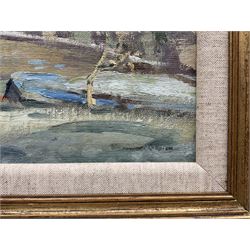 William Arthur Laurie Carrick (Scottish 1879-1964): 'Frosty Morning - Uig Skye', oil on canvas board signed, titled verso 24cm x 34cm