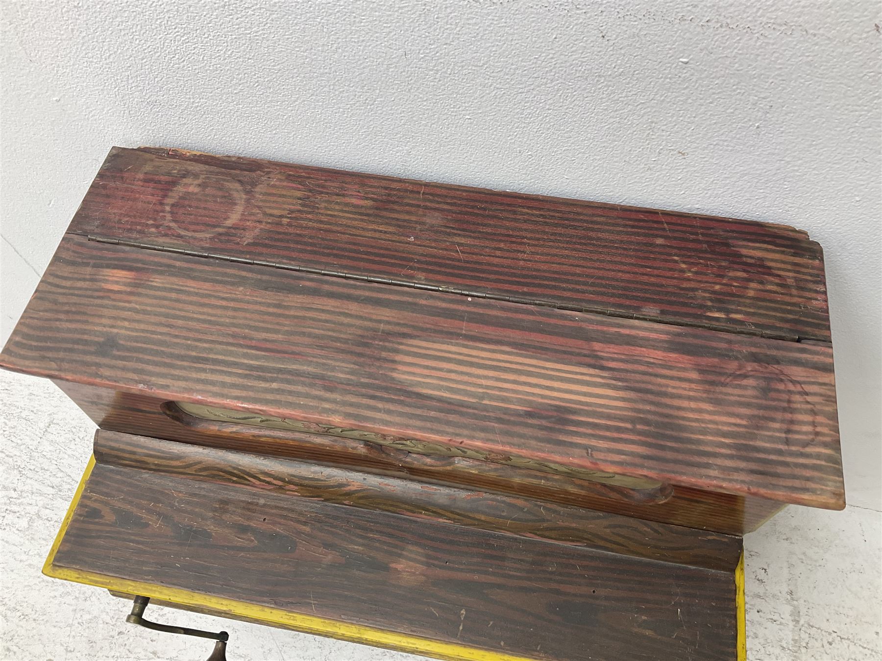 Faventia Half size miniature Spanish barrel piano with a 40cm cylinder playing tunes on a 37 note movement including woodblock and triangle, in a painted case with silk embroidered decoration to the front.  Vicente Linares, Barcelona trade label, with original crank handles, stringing, hammers action, tuning pins and cylinder