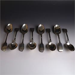 Eight Victorian silver Fiddle pattern dessert spoons, all with engraved initials to terminal, including a set of six York silver spoons, hallmarked James Barber & William North, York 1844 