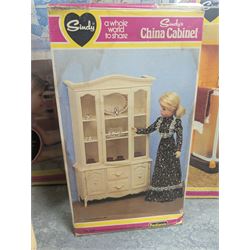 Pedigree Sindy's House and furniture, including shower, kitchen unit, washbasin, china cabinet and bed, all boxed, together with Barbie doll and horse