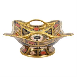 Royal Crown Derby Imari 1128 pattern twin handled comport dish, H12cm, L30cm