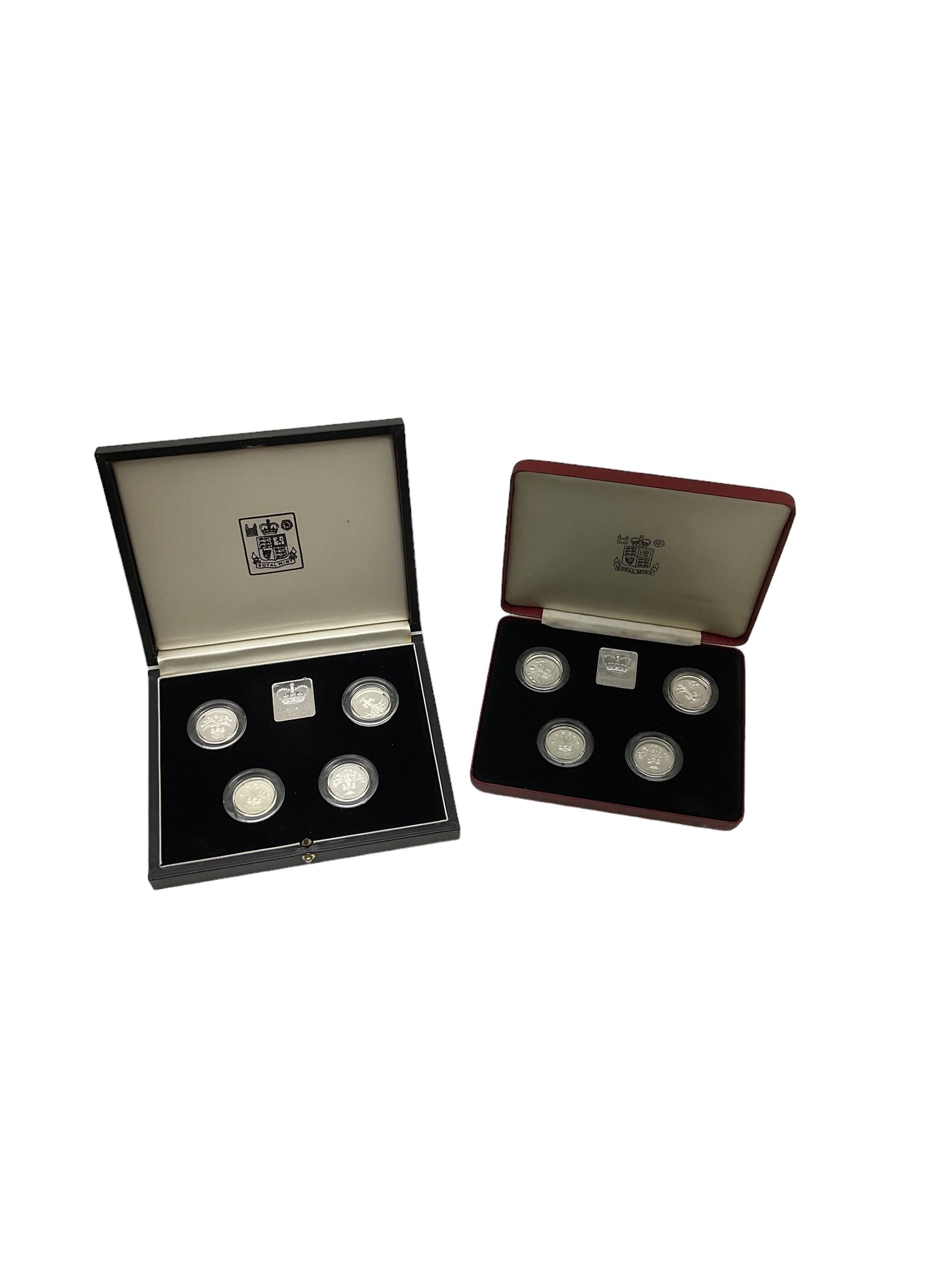 The Royal Mint United Kingdom 1984 to 1987 silver proof one pound coin collection and 1984 to 1987 silver proof piedfort  one pound coin collection, both cased with main certificate and some individual certificates 
