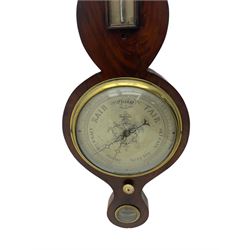 Victorian mahogany cased mercury wheel barometer by A Rizzi, Leeds,c 1860,
with a swan’s neck pediment and round base, long mercury box thermometer, 8” silvered register, hygrometer and level, steel indicating hand and brass recording hand with recording button, mercury present in syphon tube.
