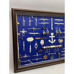  Large framed knot board, including miniature Binnacle, ships wheel and sextant, by Captain D.J.Walker August 2007, W90cm, H60cm,  Provenance:  Captain Walker was captain of the North Sea Ferry Norland which was later requisitioned by the MOD to be used as a Troopship to be sent to the Falkland Islands  