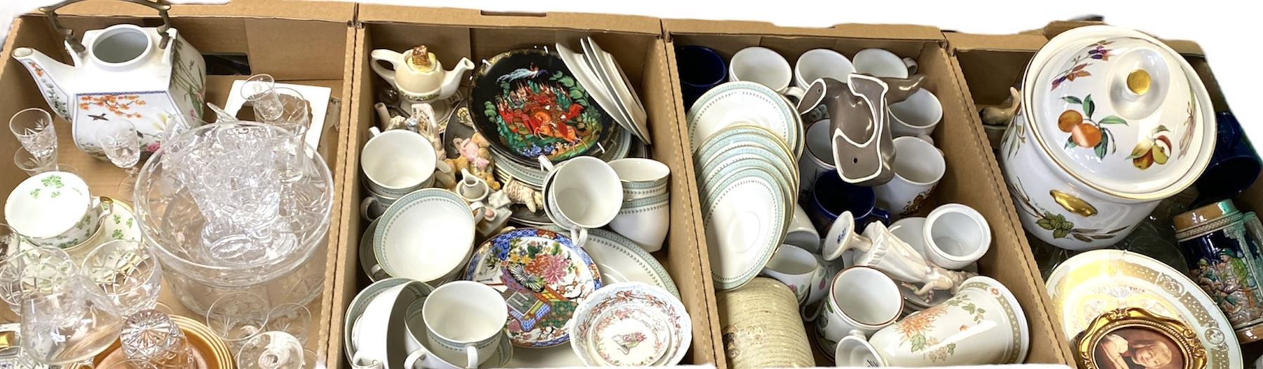 Collection of ceramics, including Royal Doulton Berkshire tea wears, Brambley Hedge trinket dish and bowl, Lurpak butter dish and toast rack etc, in four boxes  