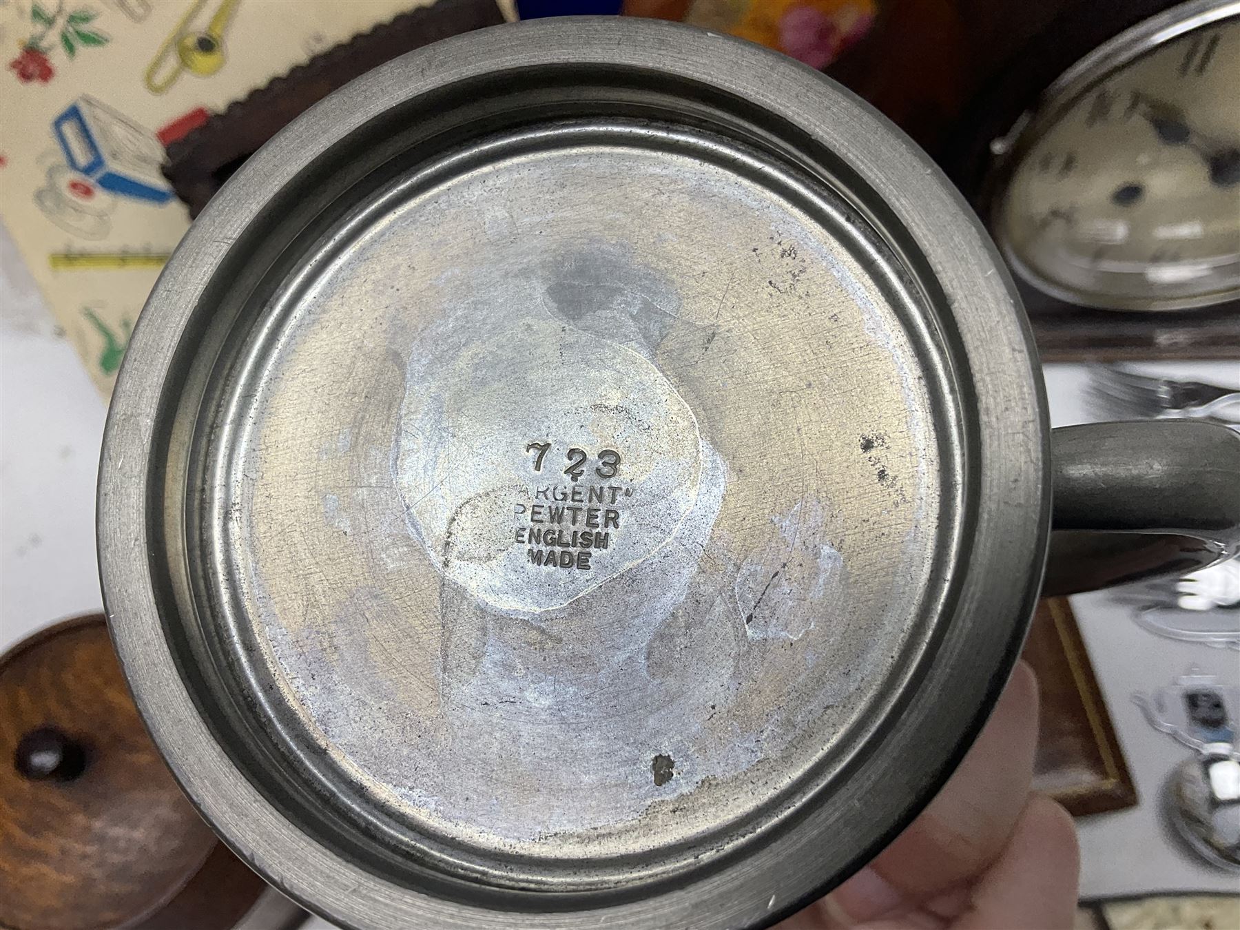 Mid 20th century cigarette box in the form of a gondola, the faux tortoiseshell with mother of pearl inlay (a/f), cased mantel clock with silvered numerical dial, oak lidded tea jar caddy, oak box, silver-plate cutlery, quantity of records, Smith's empire miniature clock, stamps etc