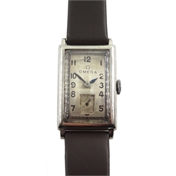 Omega stainless steel gentleman's manual wind wristwatch, rectangular dial, back case stamped 9148454, on leather strap
