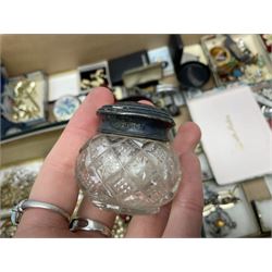 Hallmarked silver lidded glass jar, silver bladed mother of pearl fruit knife, silver mounted small circular footed dish, together with Victorian and later jewellery to include gilt brooch, necklaces, bracelets, two Seiko wristwatches etc