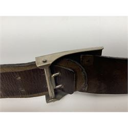 Pair of WW2 German Other Ranks trousers c1940-42, stamped C.& A. Brenninkmeyer Workstatten; WW2 German Army webbing belt with steel 'Gott Mit Uns' buckle; and WW2 German leather belt with 'Stahlhelm' (Steel Helmet League) members buckle (3)