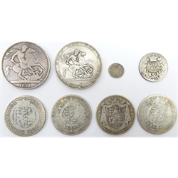  Collection of George III, George IV and William IV coins 1776 silver  penny, 1818 crown, 1816, 1817 and 1818 half crowns, 1821 crown, 1836 half crown and 1836 one shilling coin (8)  