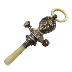  Edwardian silver and mother of pearl babies rattle and teether by Robert Pringle & Sons, Birmingham 1910  