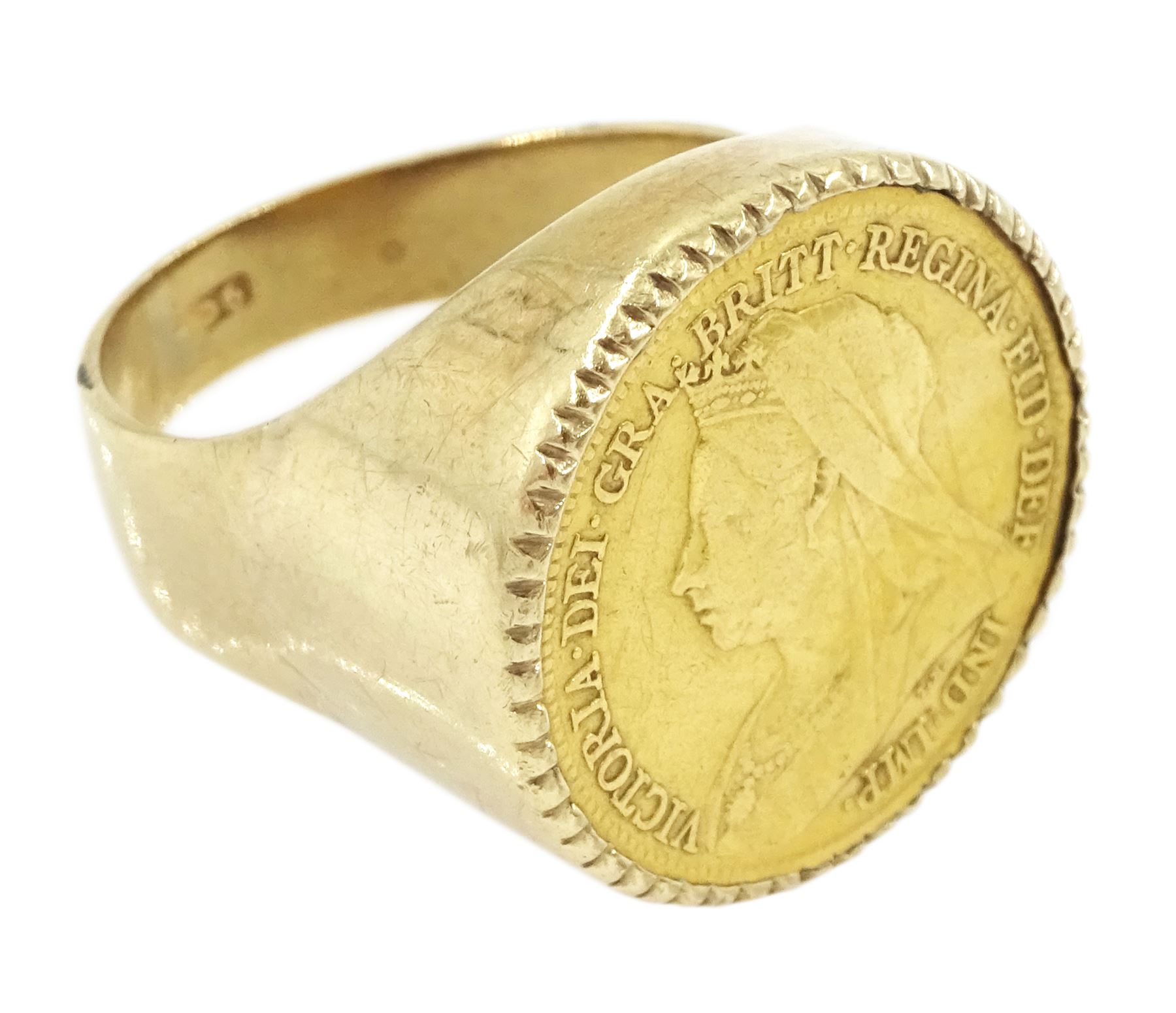 Queen Victoria 1898 gold half sovereign coin, mounted in 9ct gold ring