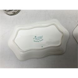 Nine pieces of Coalport and Crown Staffordshire Hunting Scene porcelain including three-piece condiment set, pair of pin dishes, bowl, vase etc