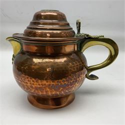 Late 18th/early 19th century copper lidded jug, of squat baluster form with planished body and lid, engraved with griffin's head, the domed hinged cover inset with a George III coin dated 1799, with brass pierced thumbpiece, scroll handle and spout, H16.5cm