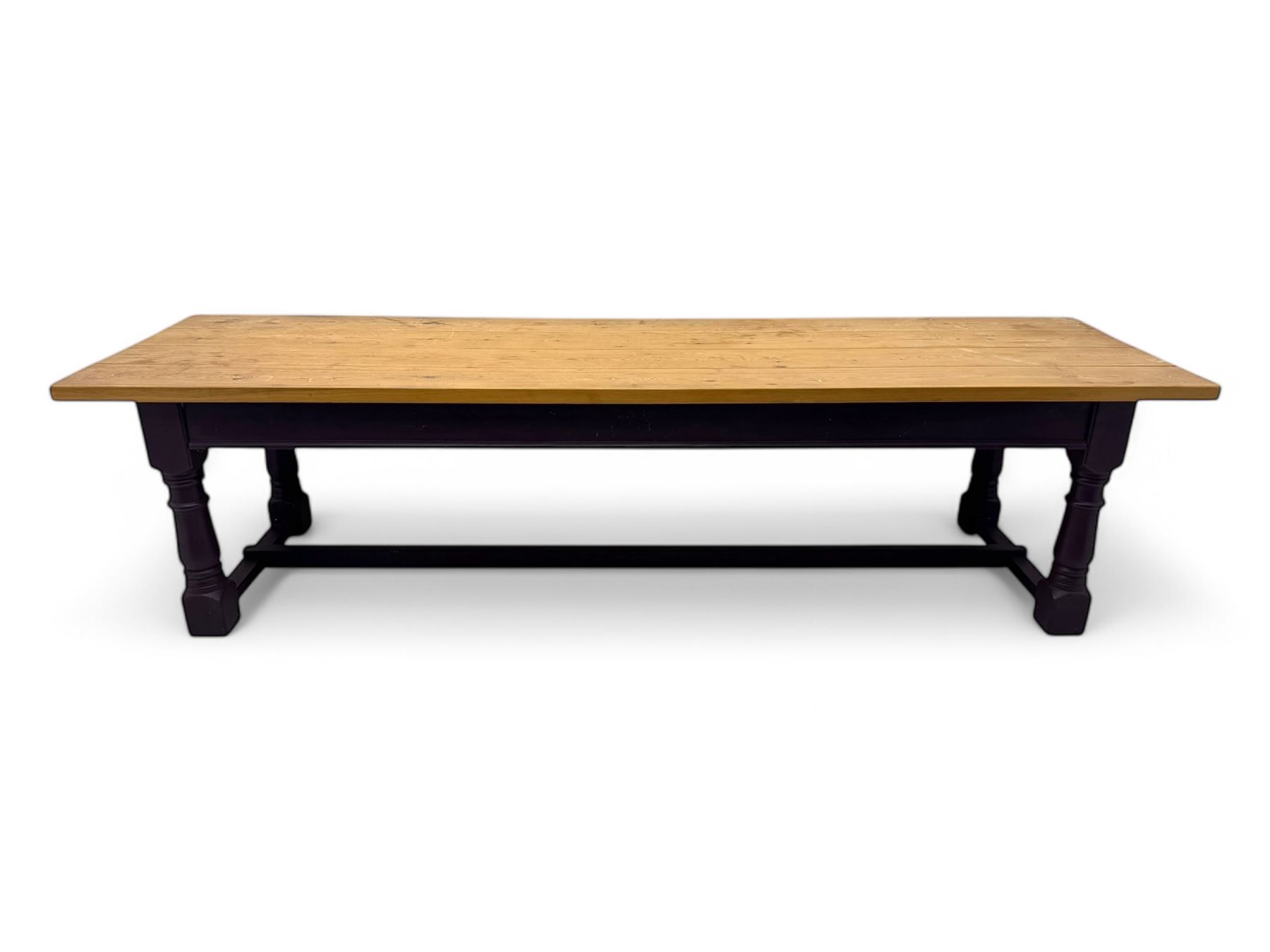 Late 20th century substantial pine refectory table, rectangular four-plank top over an indigo painted base featuring turned supports united by box stretchers