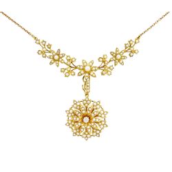 Edwardian 15ct gold split pearl flower head and foliate necklace, with detachable 18ct gol...