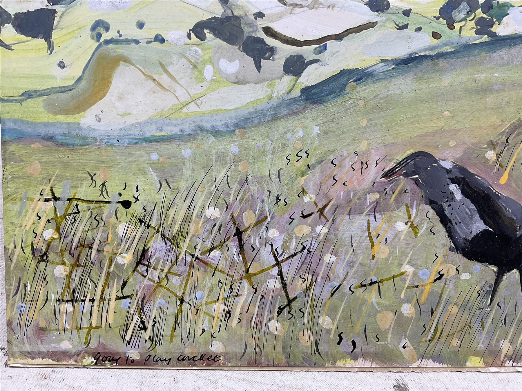 Richard Snowden (British 1950-2014): 'Going to Play Cricket', gouache signed and titled 44cm x 58cm (unframed)