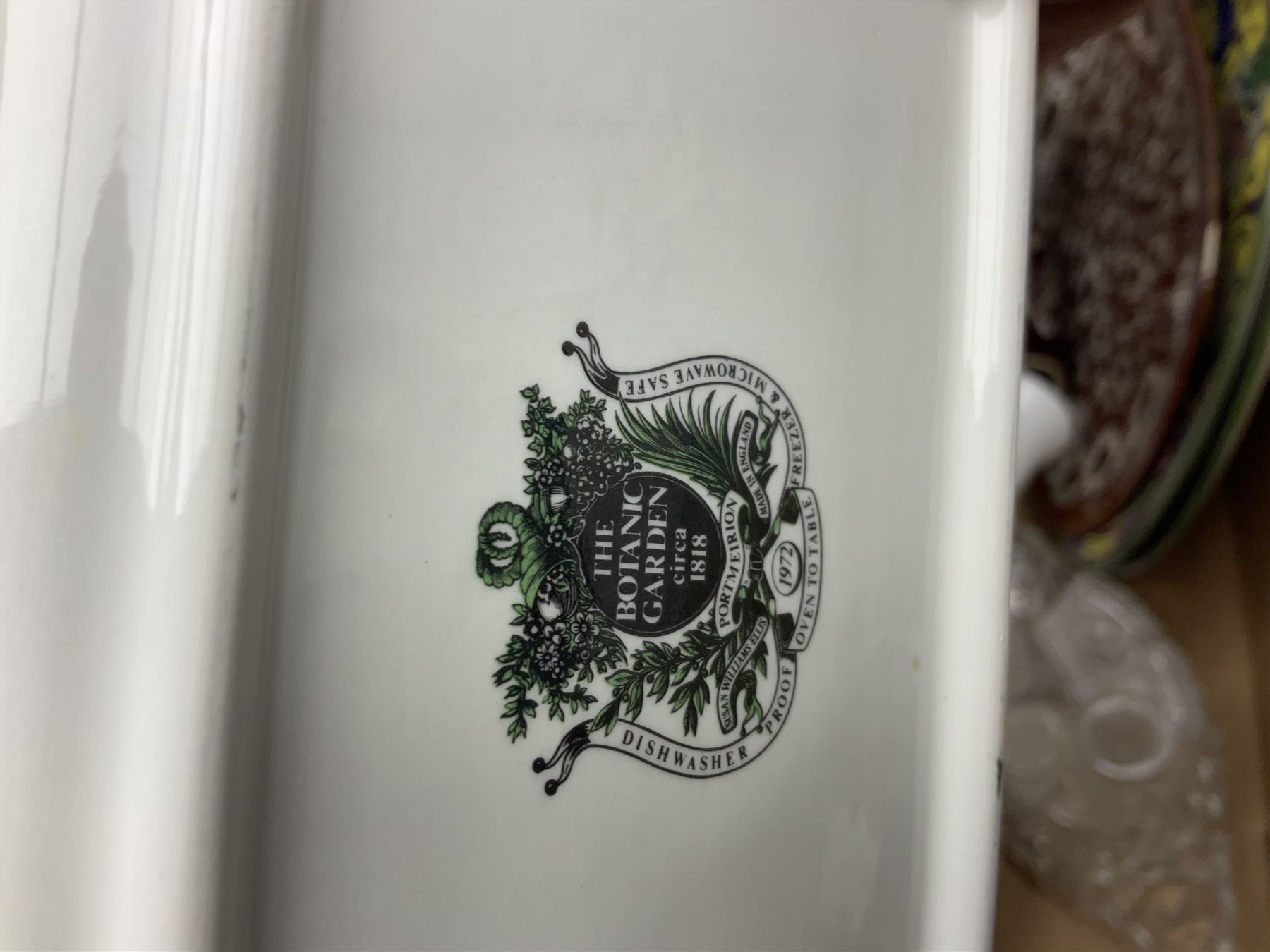 Quantity of ceramics to include Kernewek Cornwall tea wares, pair of Royal Doulton Islamic series plates, sage green Wedgwood Jasperware, Coclough tea wares, glassware etc in two boxes