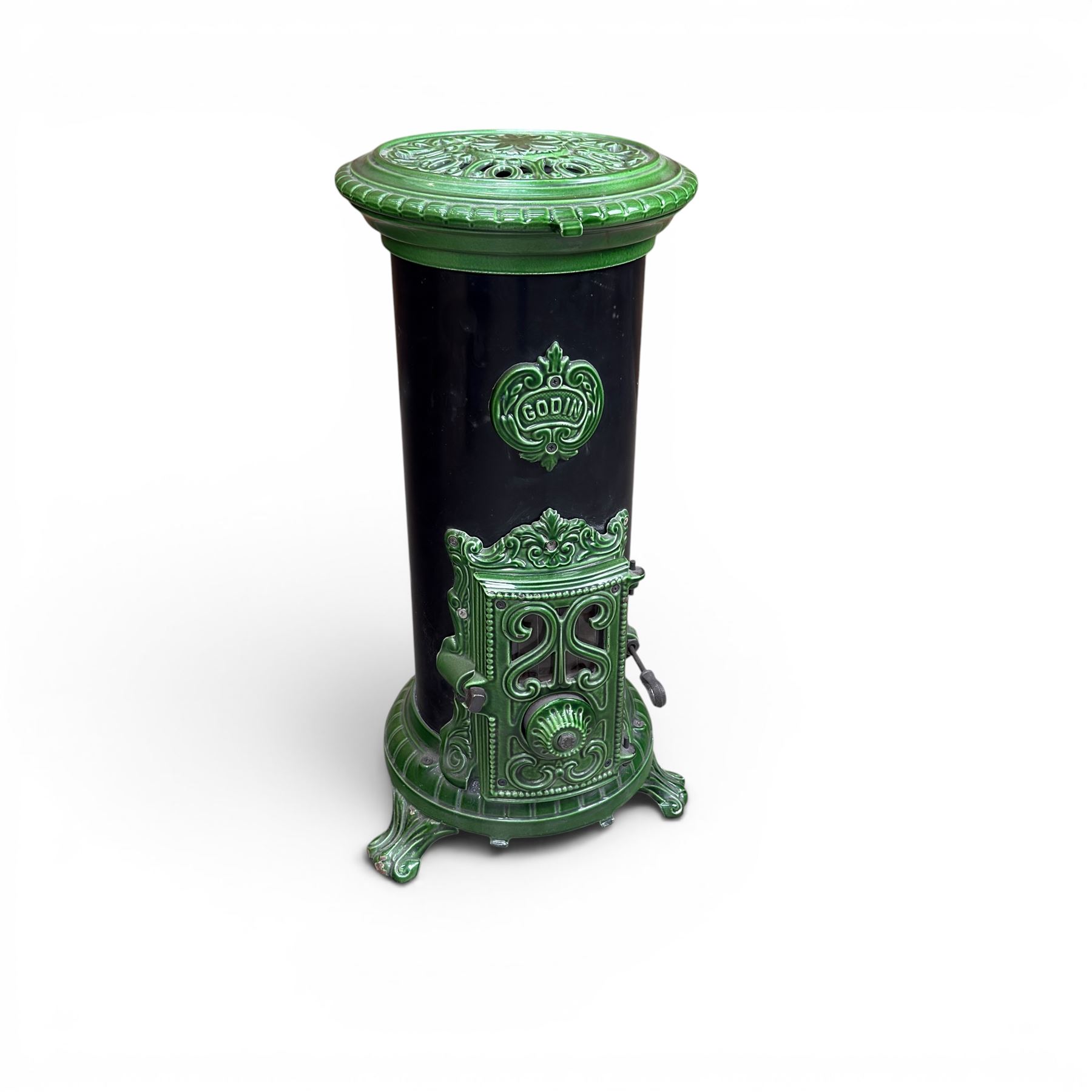French Godin cast iron enamel stove, circular form, finished in green and black paint