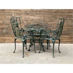 Cast aluminium garden dining set, comprising ornate circular table (D91cm, H68cm) a two seater bench, on cabriole supports (W118cm, H93cm, D55cm), and two matching armchairs (W55cm, H95cm, D54cm)