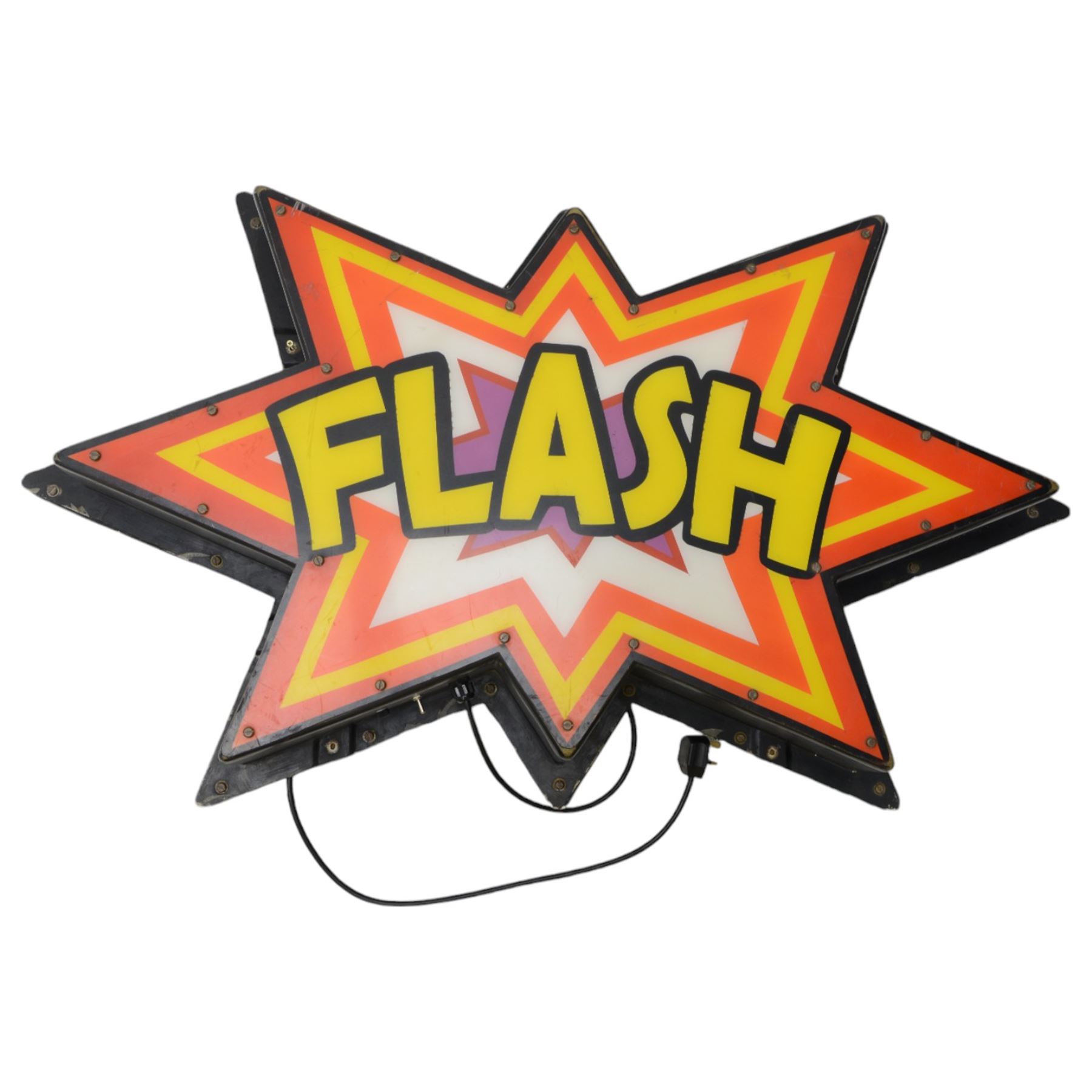'Flash' 'Bang' and 'Wallop', set of three fibreglass and plastic illuminated signs H80cm W135ch D18cm (3) 
Provenance: previously part of the Blackpool Illuminations. Purchased by Drew Pritchard on the first ever day of filming the television program Salvage Hunters in 2011, and featured in the opening sequence of the first series. Purchased by Kane in the second programme, and mounted on top of 'The House'.