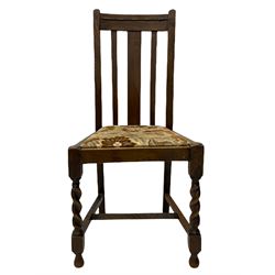 Early 20th century oak barley twist drop leaf dining table (105cm x 154cm, H74cm), and four chairs 