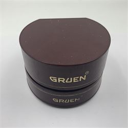 Gruen Precision gentleman's quartz wristwatch, with stone set black dial, on a stainless steel gilt metal strap, in original box