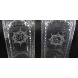 Pair of early 19th century square section decanters, with oval faceted borders and engraved sun burst panels initialled 'H' and 'R', H20.5cm