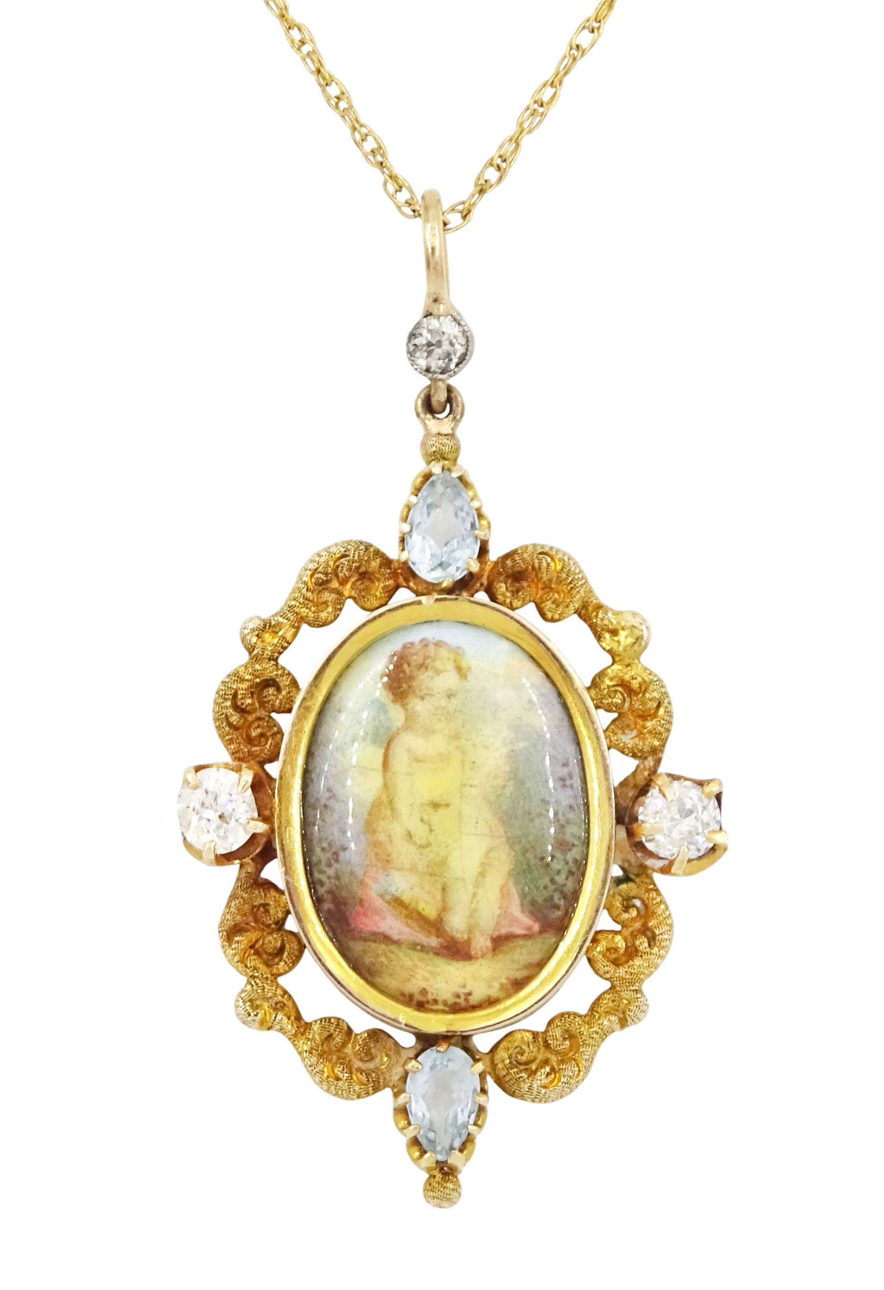 Early 20th century 9ct gold diamond and aquamarine enamel pendant, set with an oval hand painted panel depicting a cherub, within a textured openwork gold surround, set with two pear cut aquamarines and two old cut diamonds, and old cut diamond set bail in a milgrain setting, on gilt chain necklace, total diamond weight approx 0.40 carat 