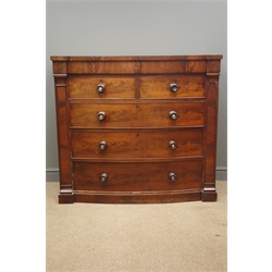  Victorian figured mahogany bow front chest, frieze drawer above two short and three long drawers, plinth base, W119cm, H109cm, D57cm  