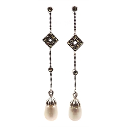  Pair of pearl and marcasite silver drop earrings, stamped 925  