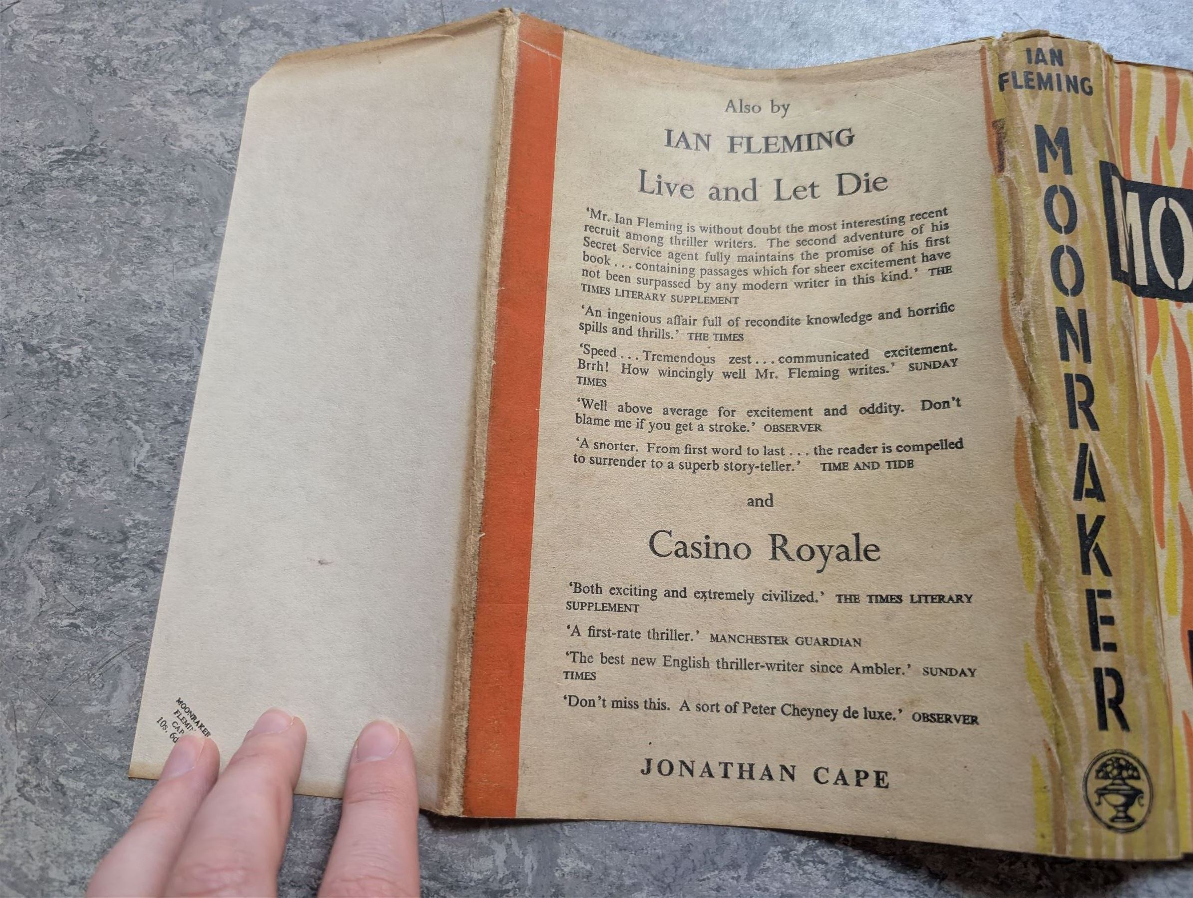 Fleming, Ian - James Bond 'Moonraker' first edition state B, with shoot spelling correction on page 10, original black cloth with silver titles, with orange and yellow flame dust jacket, pub. Jonathan Cape, London 1955