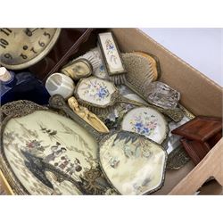 Stuart Crystal Hardwicke pattern glasses, silver mounted glass tray stamped Birmingham 1909, silver collared bottle, pukeberg of Sweden owl paperweight, decanter, mantel clock, dressing table brush set etc in three boxes