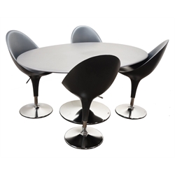 Magis Bombo Anthracite oval dining table, tulip style chrome finish base (W170cm, H76cm,D110cm) and four adjustable egg chairs