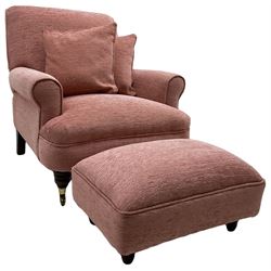Victorian design armchair, rolled back and arms, upholstered in salmon pink fabric with two scatter cushions (W77cm, H82cm, D94cm); matching rectangular footstool (60cm x 41cm, H28cm)