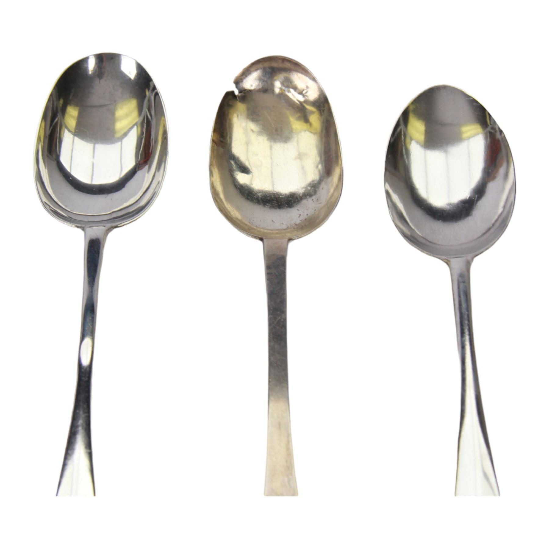 Two 18th century American silver Hanovarian pattern tablespoons with rat tail bowls, the first example marked for Joseph Edwards, Boston MA, L18.5cm, the second marked for Jonathan Clarke, Newport RI, L20cm, together with an 18th century American silver dog nose spoon with rat tail bowl, marked for Thomas Edwards, Boston MA, L19cm, 


