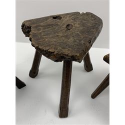 Collection of three mid 20th century stools by Jack Grimble of Cromer - rectangular tooled oak seat on four splayed supports (38cm x 31cm, H35cm), circular tooled burr oak seat on three supports (D29cm, H35cm), shaped burr top on three supports (L44cm, H45cm), each signed underneath