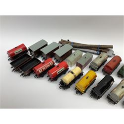 Hornby Dublo - twenty unboxed wagons including thirteen tank wagons for Power Petrol, Power Ethyl, United Dairies, Esso, Vacuum, Mobile, Shell and Royal Daylight, open and covered wagons, long bogey log carrier etc; together with two with two containers (22)