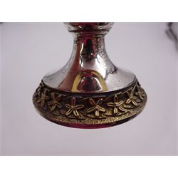 Modern limited edition silver Westminster Abbey Royal Wedding goblet, commemorating the marriage of HRH Prince Andrew and Miss Sarah Ferguson on the 23rd of July 1986, designed by Hector Miller for Aurum, the tapering cylindrical bowl with gilt interior and parcel gilt pierced band to base depicting the Royal Arms, upon knopped stem and circular stepped foot with floral parcel gilt rim, no. 483/750,  hallmarked Hector Miller, London 1986, H17cm