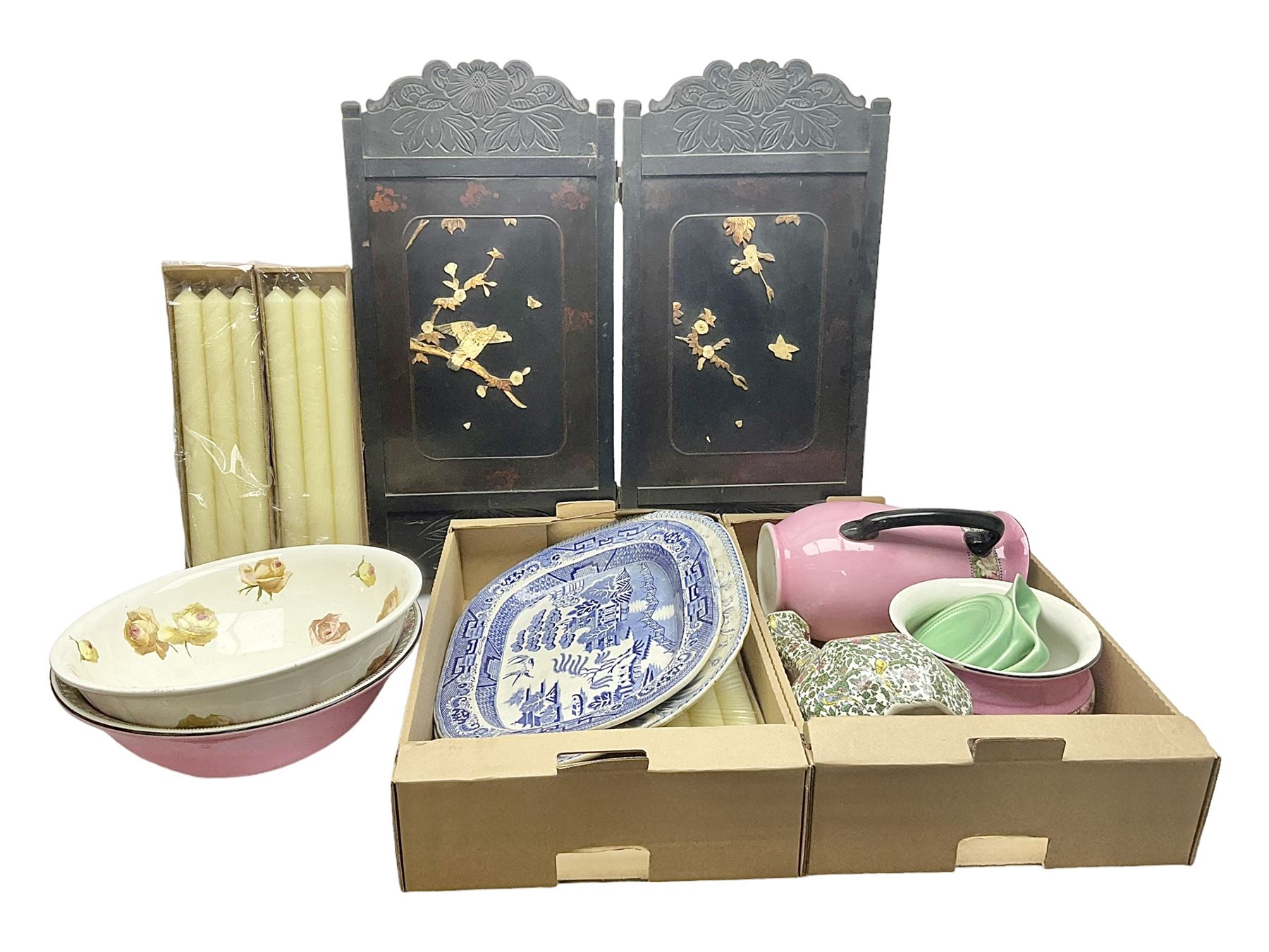 Blue and white meat platter and a similar blue and white meat draining plate, together with a pink ceramic floral jug and bowl, three packs of church candles and a wooden screen, etc 