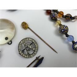 9ct gold stick pin, silver enamel dragonfly brooch, Baltic amber beads, Millefiori glass beads, other silver enamel jewellery and a collection of costume brooches