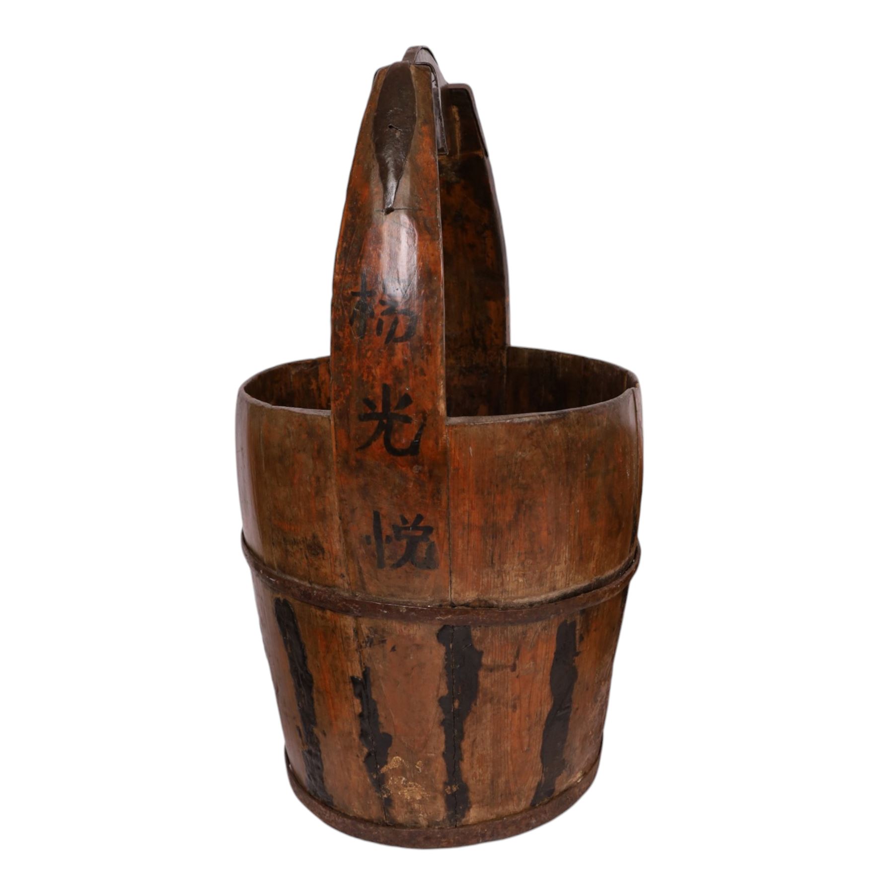 Chinese wooden well bucket, together with a carved wooden bowl, bucket H62cm