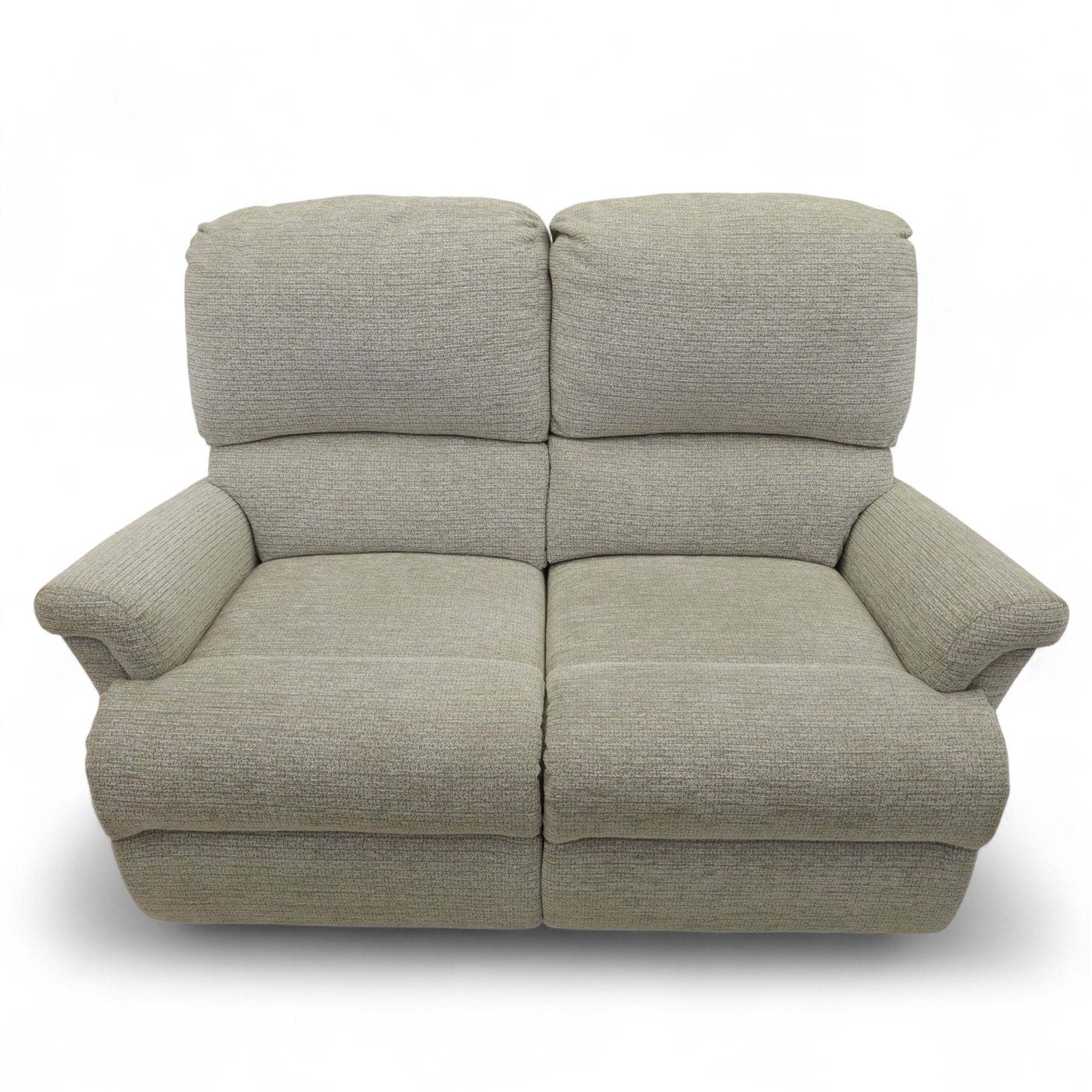 Sherborne - Two seat sofa, in grey chenille fabric upholstery with fixed cushions and upholstered scroll arms, split in to sections and on castors