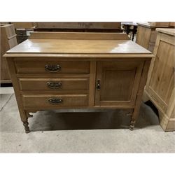 Early 20th century small oak sideboard with raised back, fitted with three drawers and a panelled cupboard, on turned supports - THIS LOT IS TO BE COLLECTED BY APPOINTMENT FROM THE OLD BUFFER DEPOT, MELBOURNE PLACE, SOWERBY, THIRSK, YO7 1QY