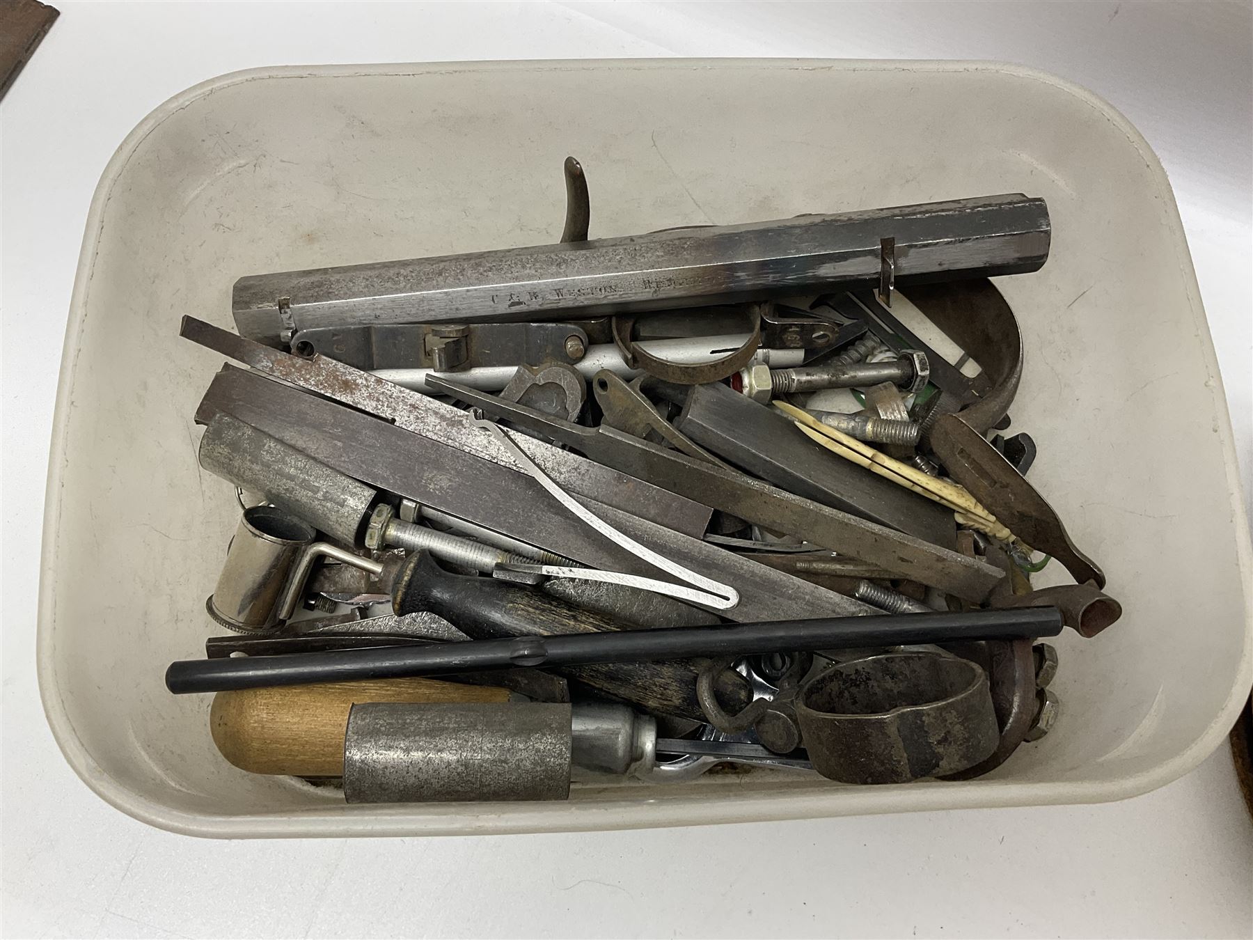 Assorted rifle and pistol spares; early Gem air rifle with sawn off barrel (piece present); telescopic sight; canvas/leather ammunition pouch; Mauser stock; barrel browning solution etc